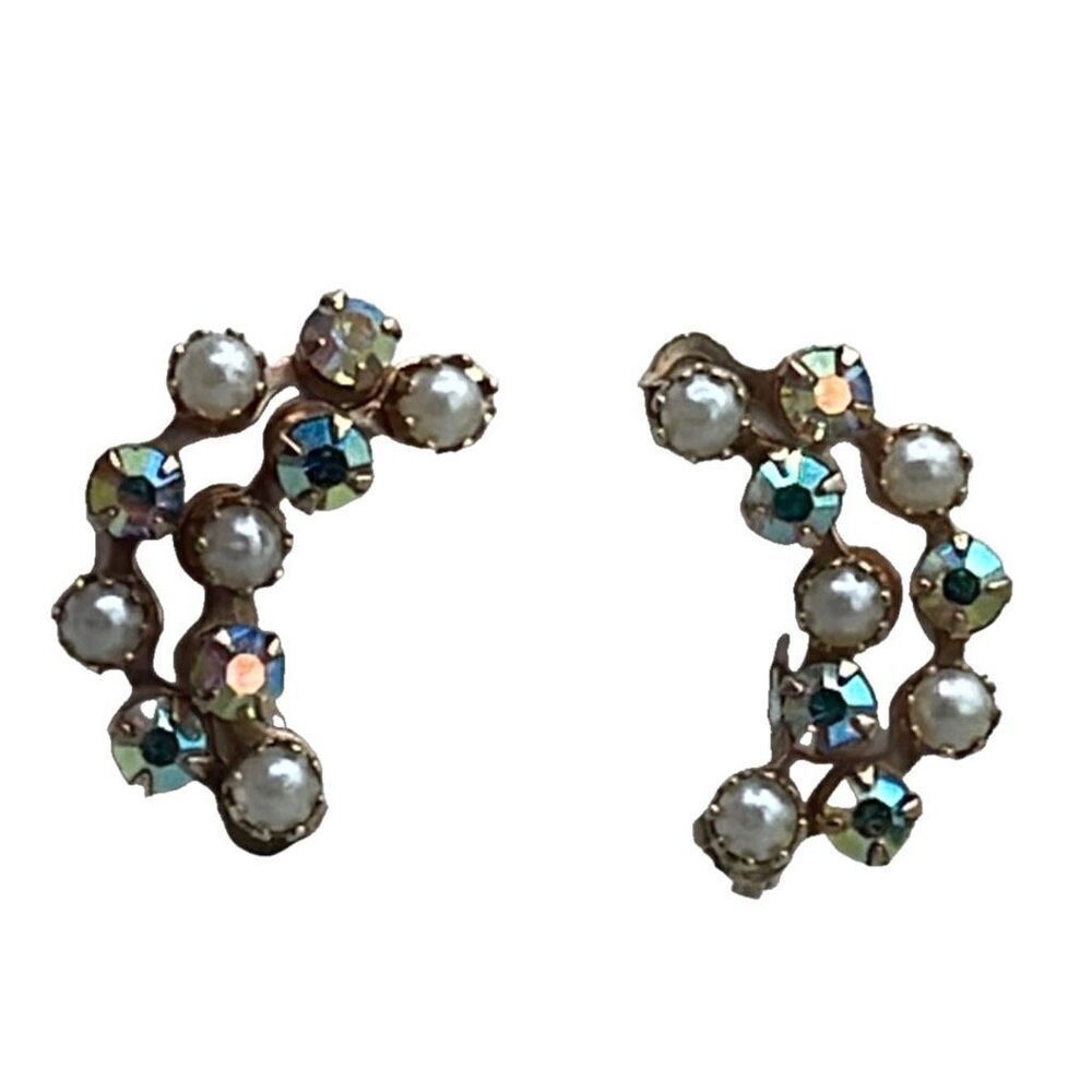 Vintage climber clip style earrings with AB stones and faux pearls.